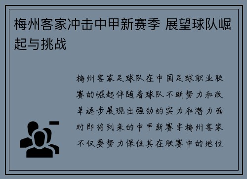 梅州客家冲击中甲新赛季 展望球队崛起与挑战
